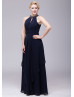 Beaded Halter Neck Navy Blue Chiffon Long Bridesmaid Dress